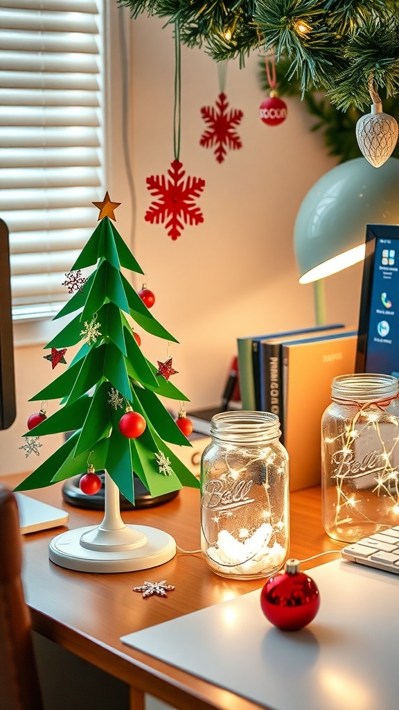 An office desk decorated with DIY Christmas crafts, including a mini tree, snowflakes, and glowing jars.